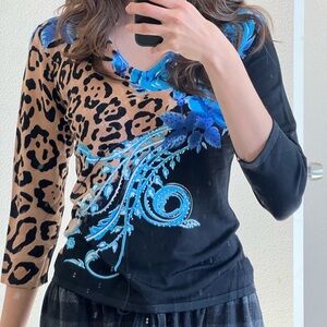 Peck & Peck Blue and Brown Mixed Print Top